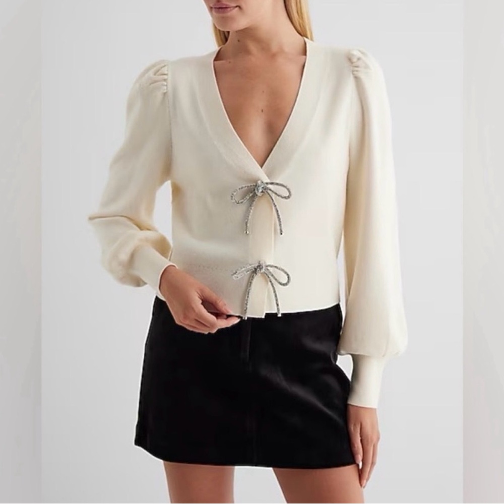 NWT Express Cream V-Neck Puff Sleeve Cardigan with Crystal Bow Ties